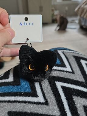Black Cat Pom Pom Keychain with Amber Eyes - Cute Pet Accessory